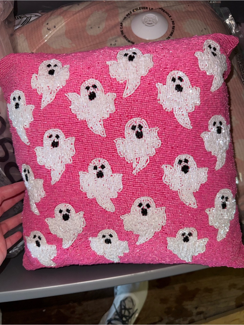 Pink Sequin Ghost Decorative Pillow